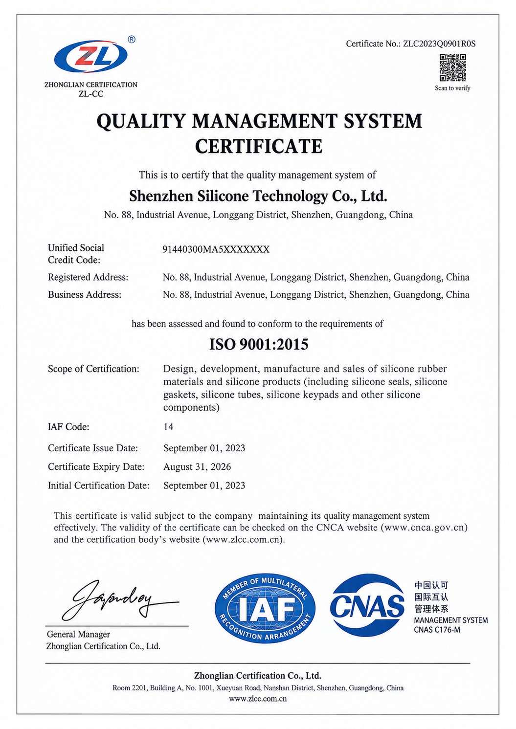 ISO 9001 compliance certificate