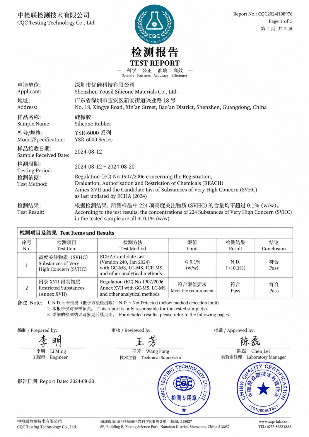 REACH compliance certificate