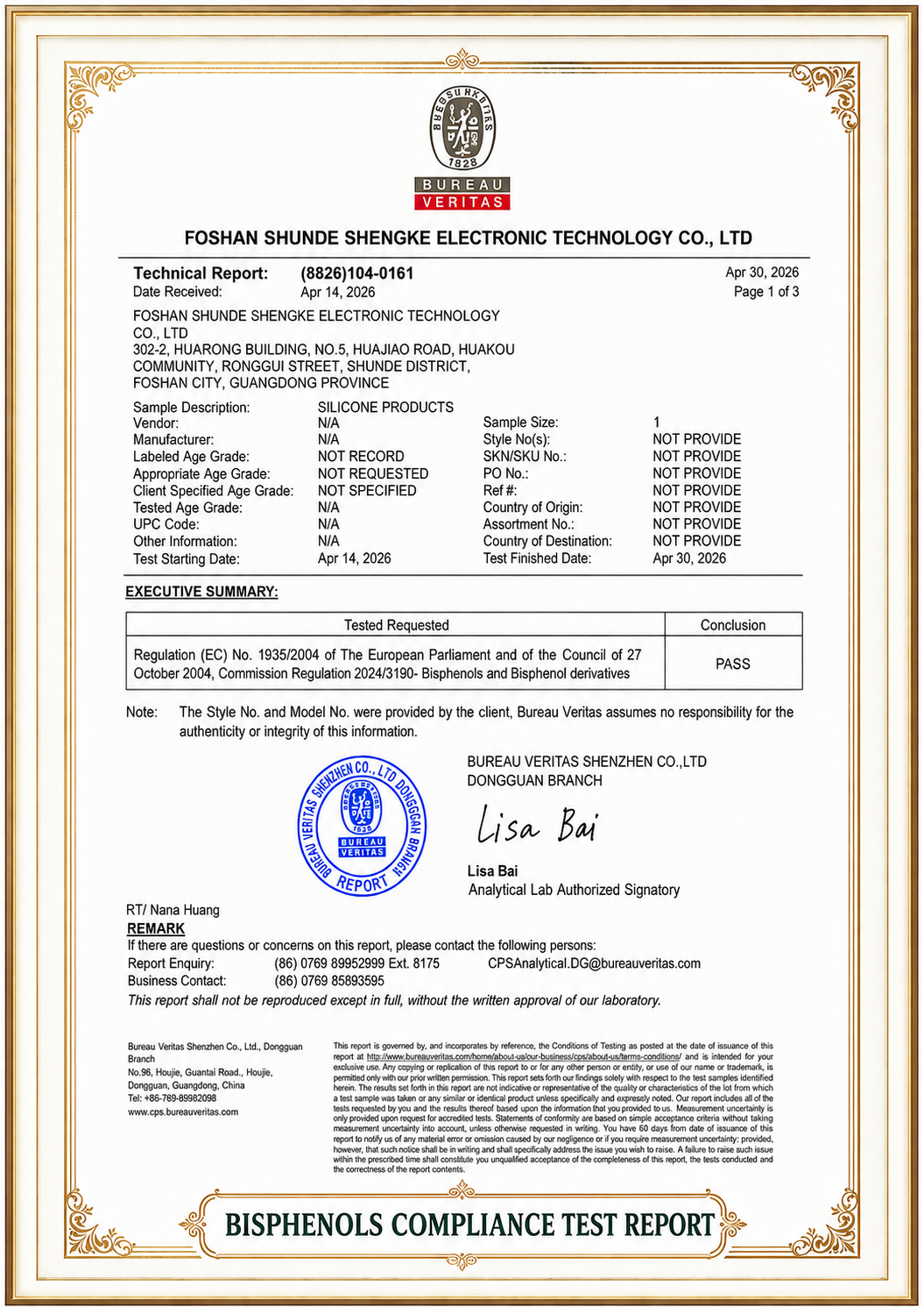 bisphenols compliance test report