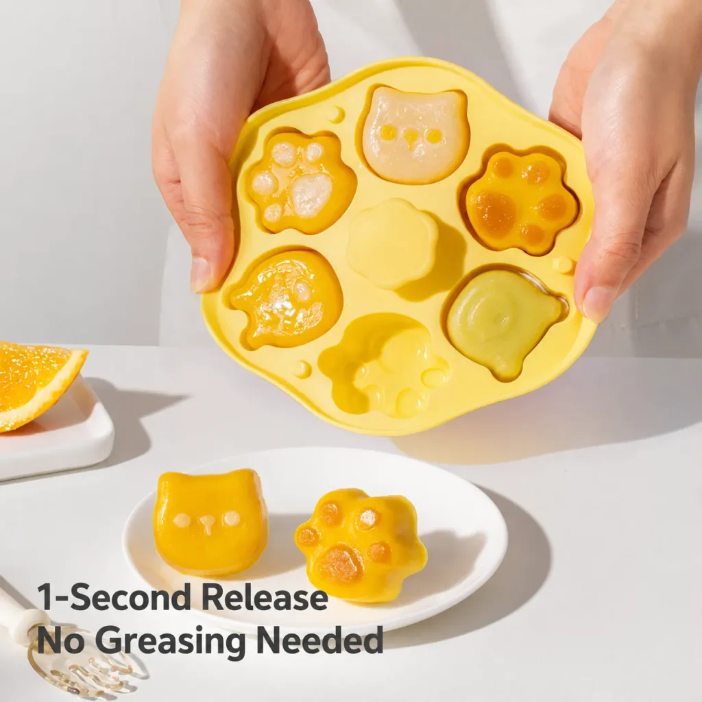 Green and yellow silicone baby food molds for cute animal-shaped steamed cakes