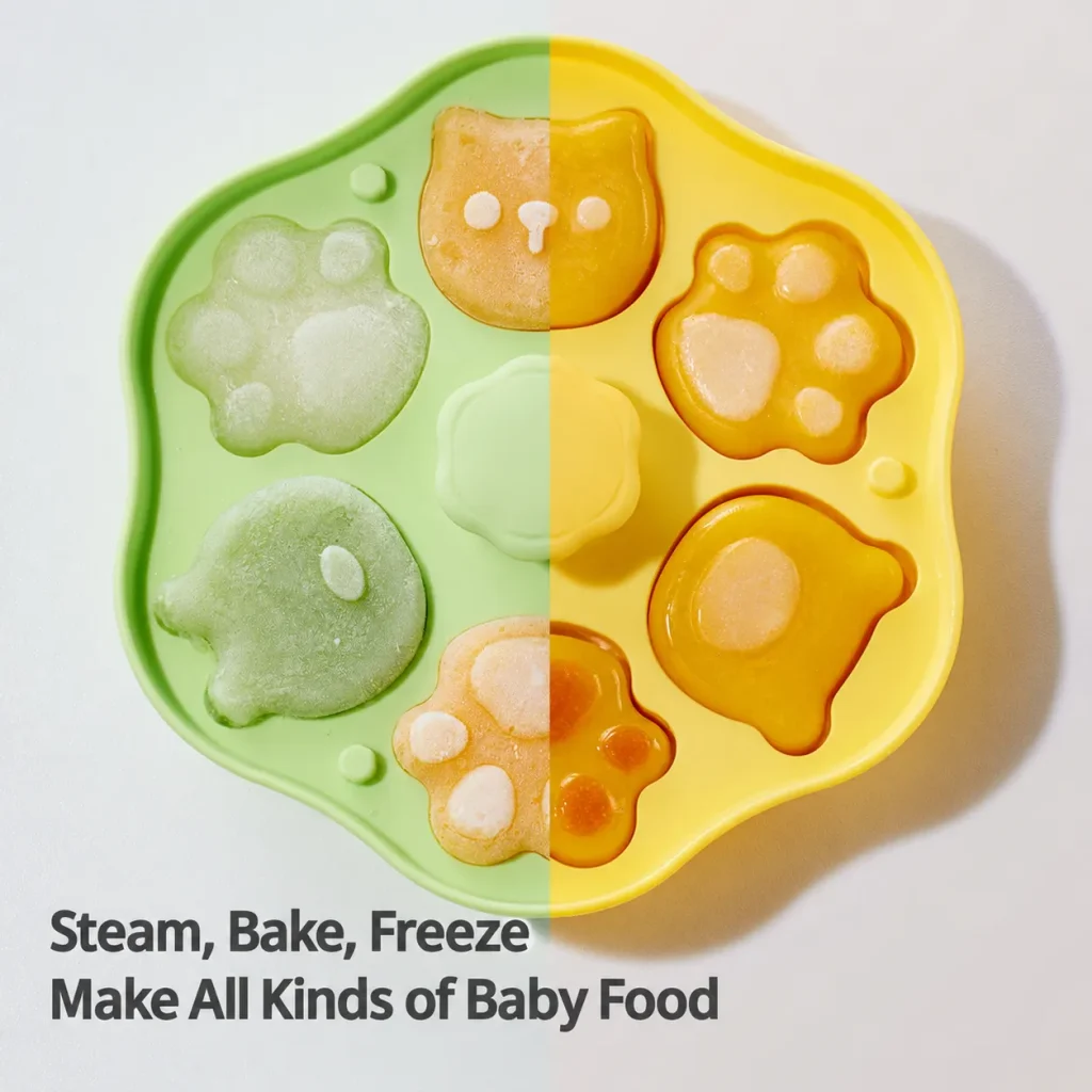 Creamy yellow baby food steamed cake silicone mold with lid and six cavities