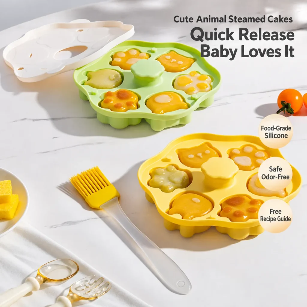 Yellow baby food silicone mold with quick release animal-shaped steamed cakes