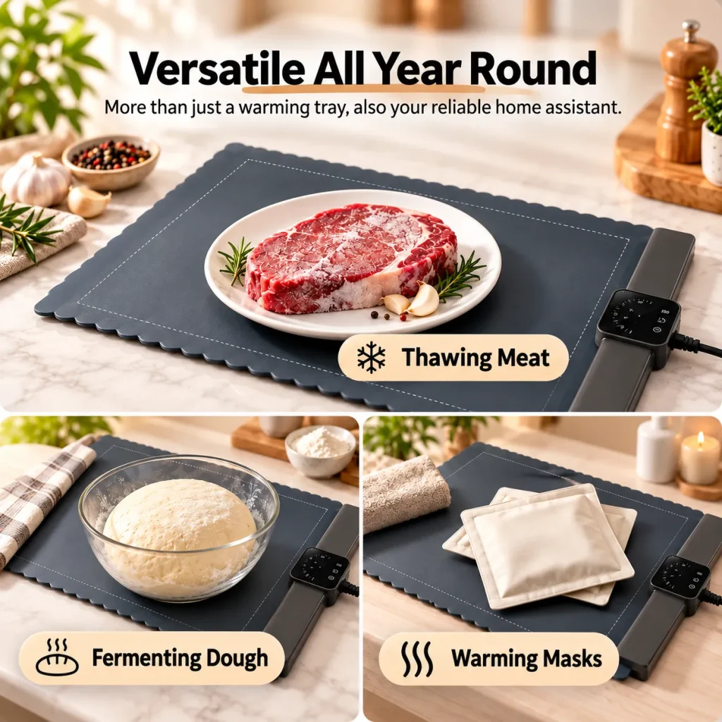 Silicone food warming mat for thawing meat, fermenting dough and warming masks