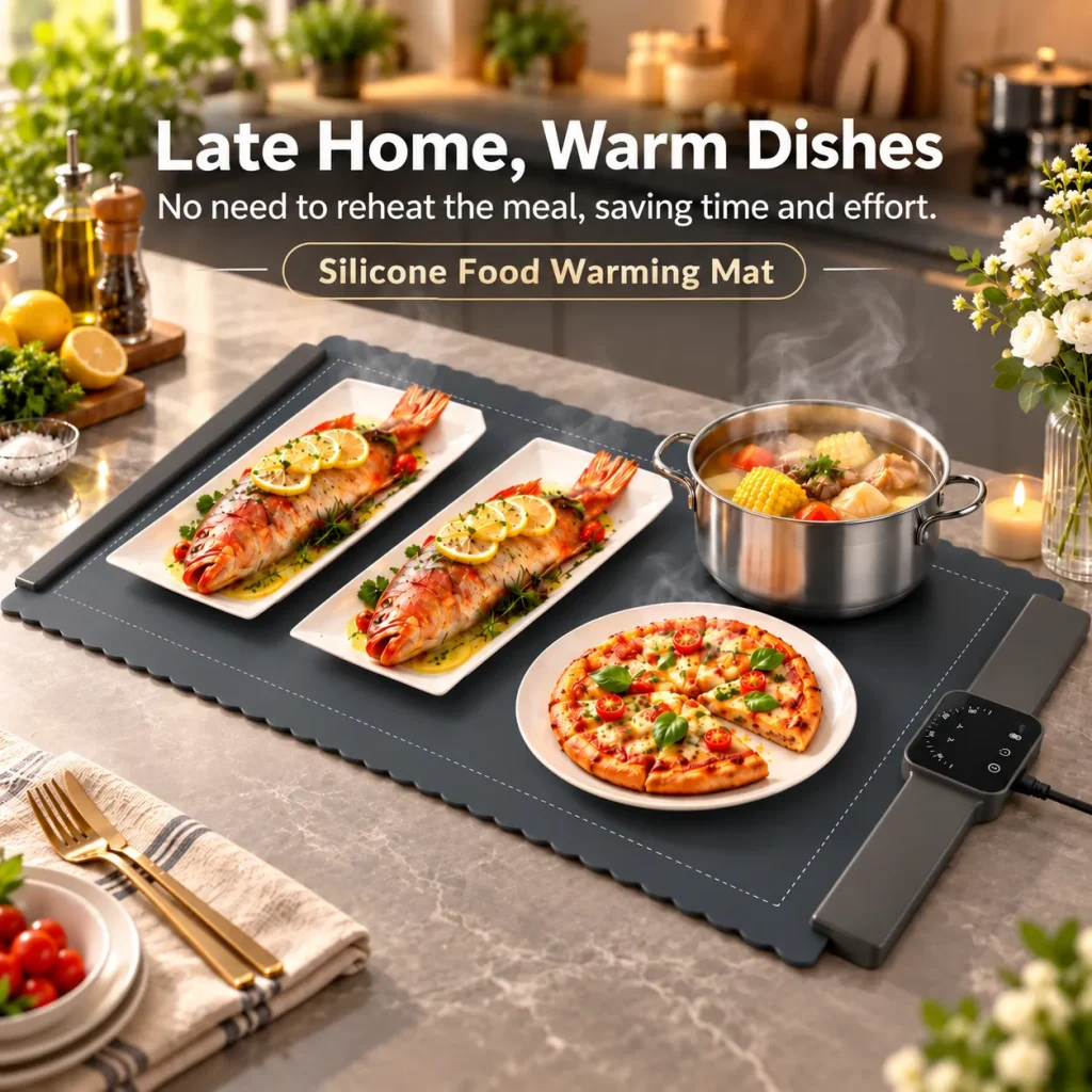Silicone food warming mat keeping fish, soup and pizza warm on a kitchen countertop