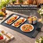 Silicone food warming mat keeping fish, soup and pizza warm on a kitchen countertop