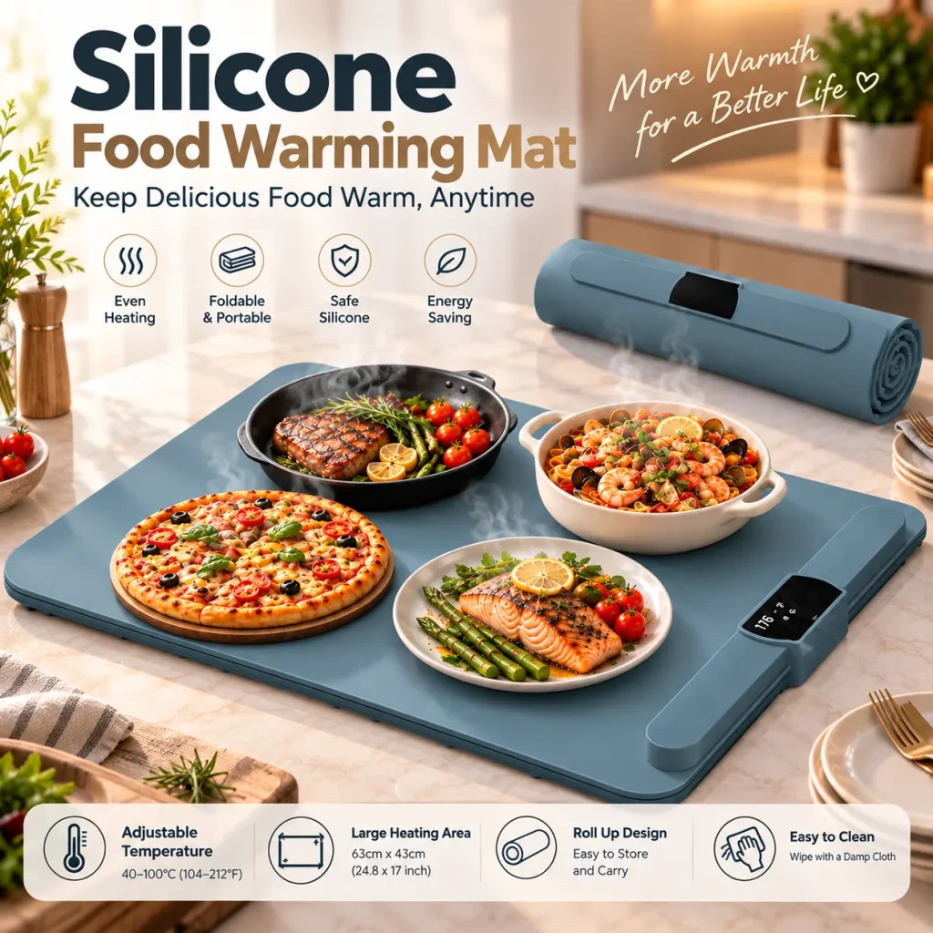 Portable foldable silicone food warming mat with adjustable temperature control