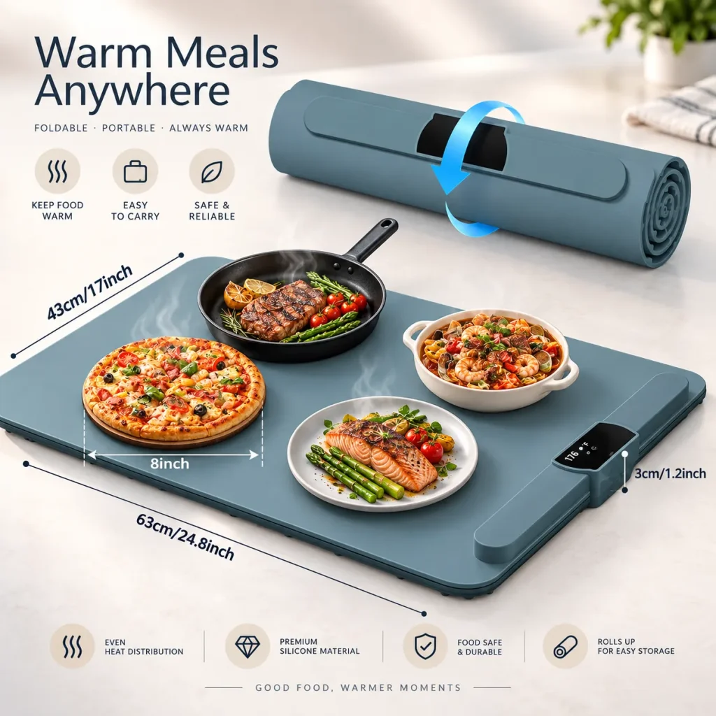 Food-grade silicone electric warming mat for keeping meals warm on the dining table
