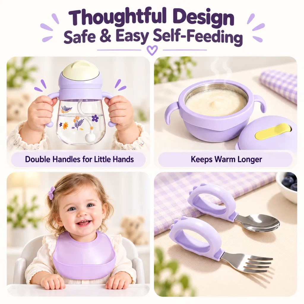 Lavender baby feeding set collage showing double handle cup, insulated bowl, silicone bib and ergonomic spoon and fork for safe self-feeding