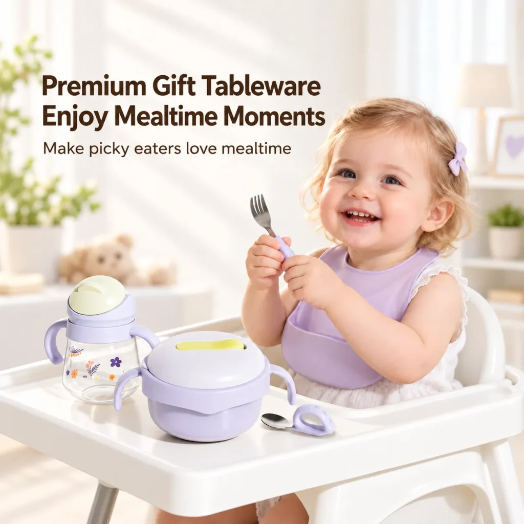 Smiling toddler using a lavender food grade baby tableware set with bowl, sippy cup, spoon and fork in a bright mealtime scene