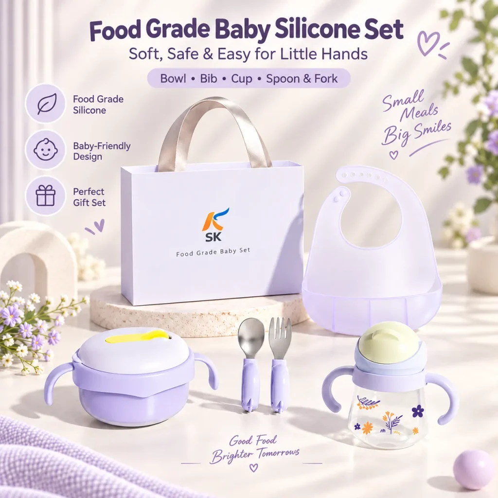 Lavender baby feeding set collage showing double handle cup, insulated bowl, silicone bib and ergonomic spoon and fork for safe self-feeding