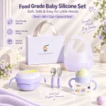 Lavender baby feeding set collage showing double handle cup, insulated bowl, silicone bib and ergonomic spoon and fork for safe self-feeding