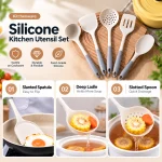 Five-piece silicone kitchen utensil set with gray handles displayed on a wooden cutting board