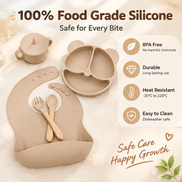 Baby silicone tableware set with sippy cup and utensils