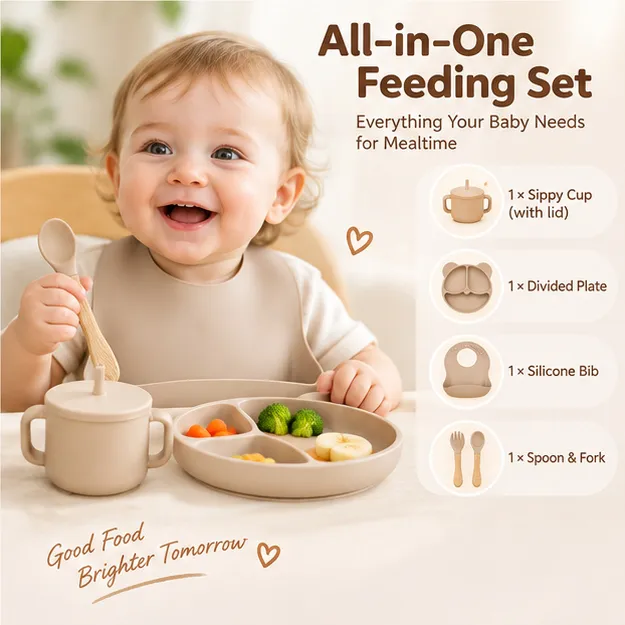 Silicone baby feeding set with divided plate and bib
