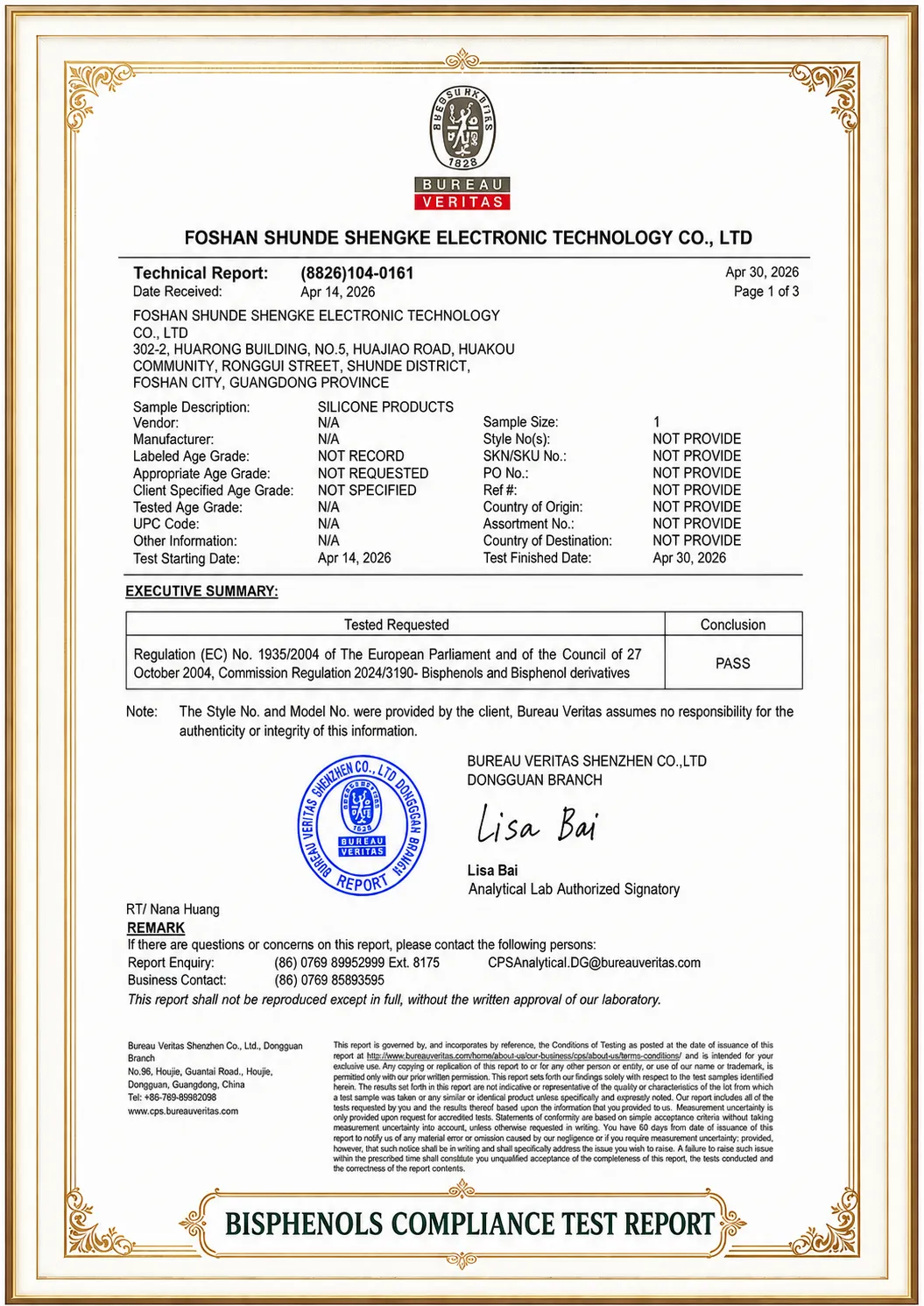 bisphenols compliance test report